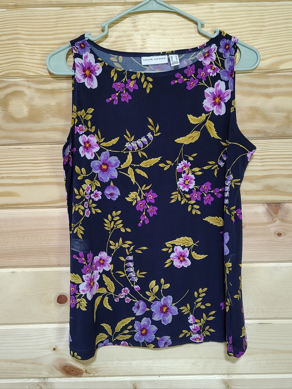 Susan Graver Floral Sleeveless Top Small Navy Purple Stretch Vibrant Cottagecore